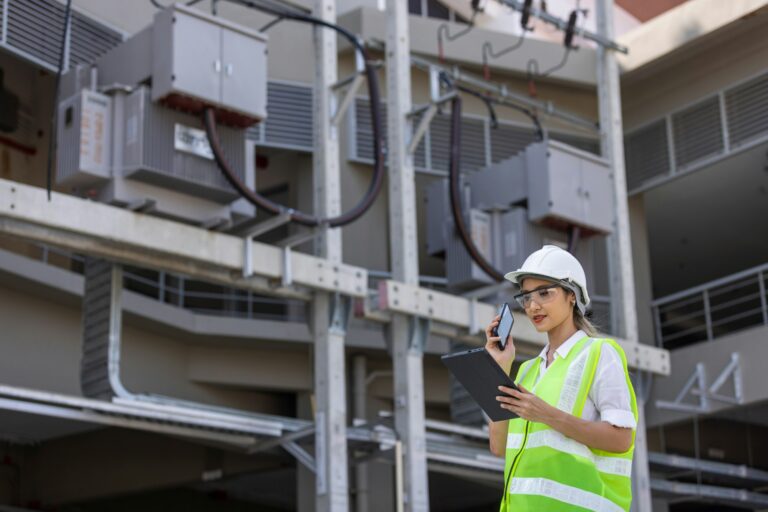 Engineer at electric power plant looking at transmission lines at transformer